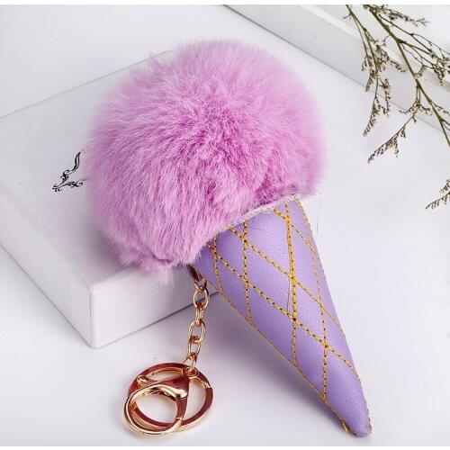 Hot Sale Ice Cream Shape Pompom Fluffy Ball Ice Cream Key Chain Women Girl Bag Pendant Car Accessories Keyrings EH858