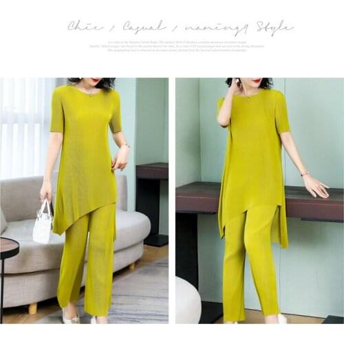 HOT SELLING Style o-neck long T-shirt in the fold flared trousers Wide leg pants solid two-piece outfit IN STOCK