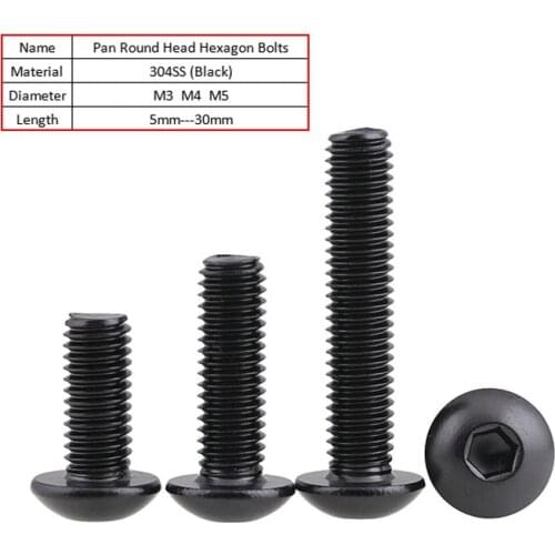 M3 M4 M5 304 Stainless Steel Pan Round Head Hexagon Bolts Black Button Head Hex Socket Screws DIN7380 Hardware