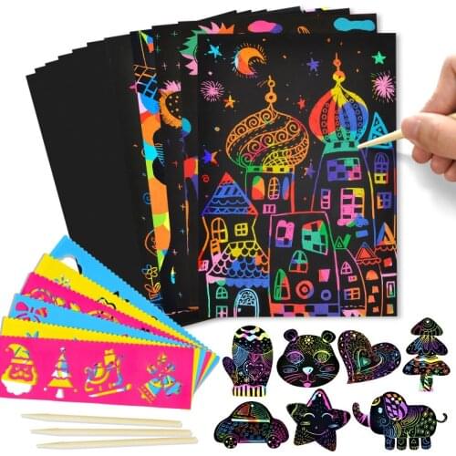 Magic Rainbow Color Scratch Art Paper Card Set With Graffiti Stencil Drawing Board Stick DIY Art Painting Educational Toys Gift