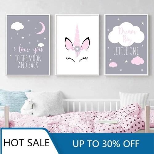 Cartoon Unicorn Wall Art Canvas Painting Poster Baby Girl Nursery Quotes Print Love You To The Moon Nordic Kids Room Decor