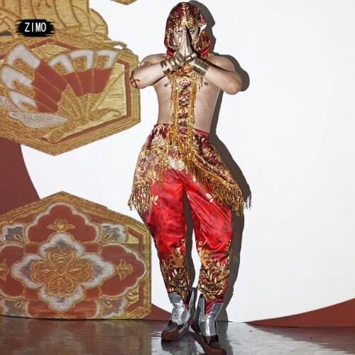 Dance Team sets Outfit print Red Sequin Fringe man Women party Dress Indian Style Nightclub Performance Costume stage Clothes