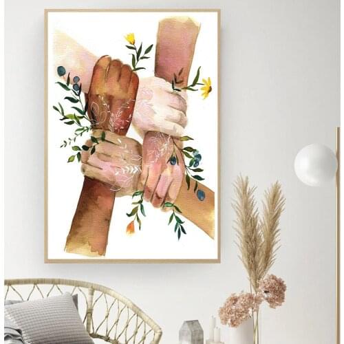 Strong Together Hand Wall Art Black White Yellow Skin Flower Abstract Poster Canvas Print Nordic Wall Pictures Room Decoration