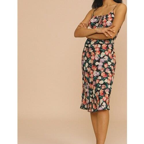 2021 Summer New Retro Romantic Drawstring Strap Slim Slimming Flower Print All-match Suspender Dress