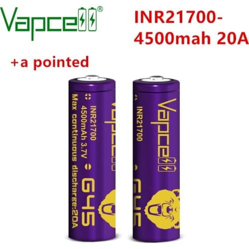 Vapcell Original INR 21700 4500 mAh 20A G45 Rechargeable Li-Ion high capacity lithium battery button top ( add a pointed )