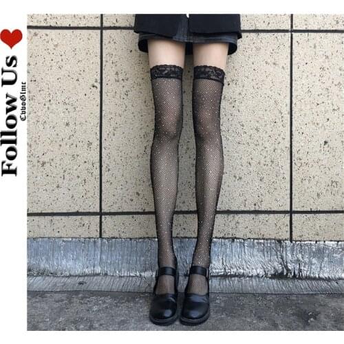 Harajuku Hot Diamond Fishnet Socks Female Japanese Lace Over-the-knee G Socks Lolita Kawaii Thin Sexy Cute JK Thigh High Socks