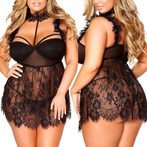 Plus Size Women Sleep Dress Nightdress Sexy Sleeveless Hollow Out Lace Sleepdress Perspective Lingerie Dress Large Size 5XL