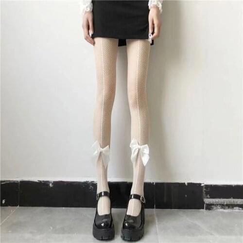 Japanese Lolita Single Bow Fishnet Female Summer Thin Mesh Stockings Lolita Hot Girl Goth Stockings Sexy Fish Net Stockings