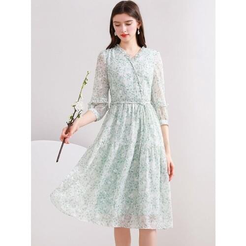Green Chiffon Women Dress Autumn Casual Ruffle Chest Printed French V-Neck Slim Sashe A-Line Dress Female Lady Vestidos