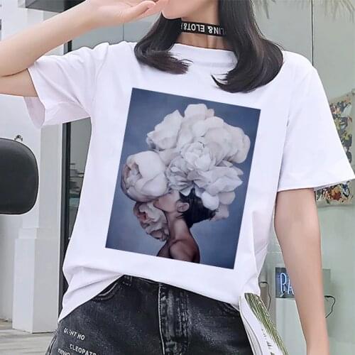 Women new 2020 harajuku white Tshirt vintage Flowers Feather Print T shirt gothic round neck short sleeve casual Tops T-shirt