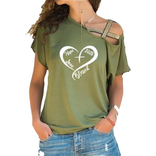 Heart Hope Faith Love Blessed Printing T-shirts Summer Aesthetic Shirts for Women Irregular Skew Cross Bandage Tshirts