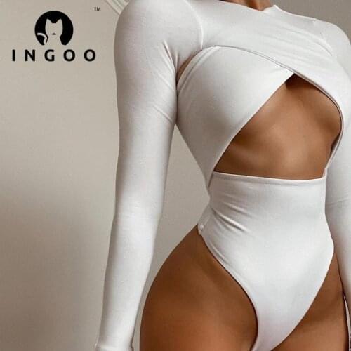 INGOO Sexy Chest Cross Hollow Out Bodysuits Women Fashion Autumn Elegant Solid Long Sleeve Slim Skinny Rompers Female Body Tops