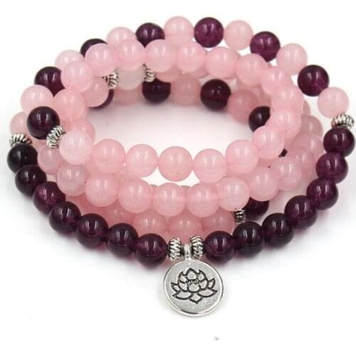 Woman Mala Necklace Bracelets For Women Rose Quartzs Amethysts Yoga Paracord Bracelet Mala Lotus 108 Beads Pink Bracelet