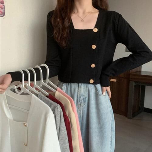 Womens Knitted Cardigan Square Collar Buttons Long Sleeves Slim Thin Sweater Wholesale 2022 Autumn New Elegant Lady Clothes