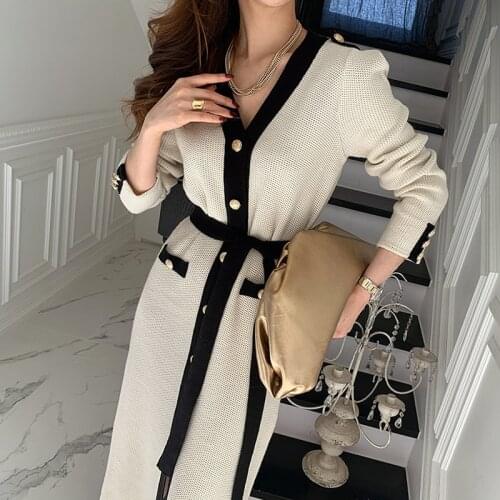 Chic Strap Waist Knit Dress Woman Single-breasted Cloth V-neck Korean Single-breasted Vestidos Mujer 2021 Spring Dresses Female