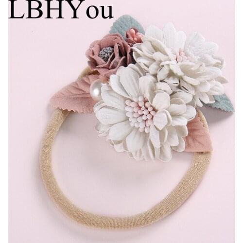 1pcs Handmade Vintage Flowers Nylon Headbands With Pearl ,Baby Girls Floral Elastic Nylon Hairbands Infants Hair Headwear