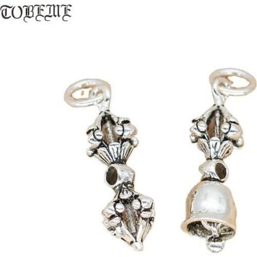 100% 925 Silver Tibetan Dorje Bell Charms Sterling Buddhist Vajra Charms Solid Silver Good Luck Tibetan Amulet
