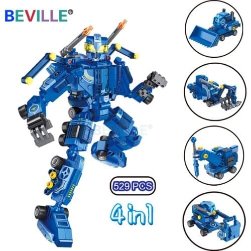 529Pcs Urban Construction 4 IN1 Transformered Engineering Car Robot Building Blocks Stone Crusher MOC Assembly Boys Bricks Toys