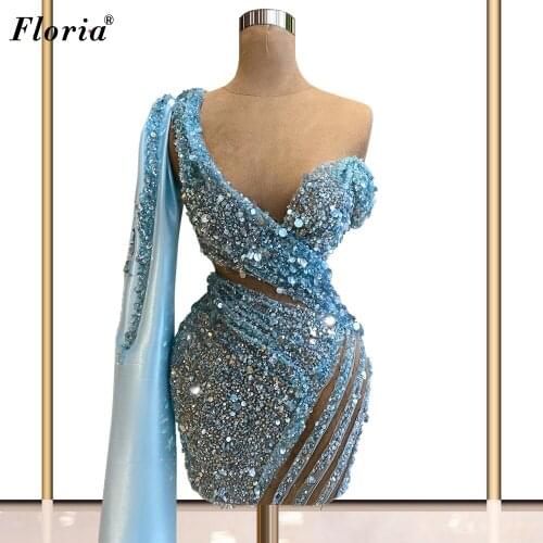 Arabic Short Sparkly Cocktail Dresses One Shoulder Sequins Prom Dresses Special Occasion Dresses For Women Robes De Cocktail