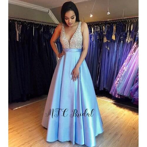 Glitter Mint Blue Beads Evening Dress V Neck A Line Backless Charming Long Formal Dresses 2019 Custom Made Arabic Prom Gowns