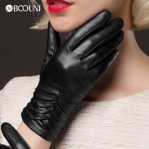 BOOUNI Gloves Female Womens Genuine Leather Gloves Autumn Winter Plus Warm Velvet Fashion Black Sheepskin Glove NW215
