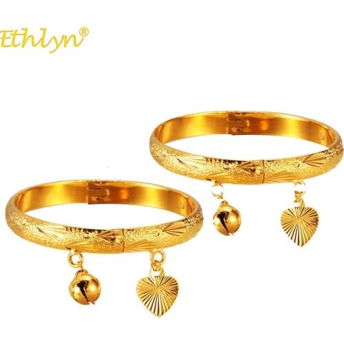 Ethlyn 2pcs/lot Gold Color Bangle Blessing Luck Girls/Kids Charm Heart Bells Pendant Bracelet Jewelry Child Birthday Gifts B206
