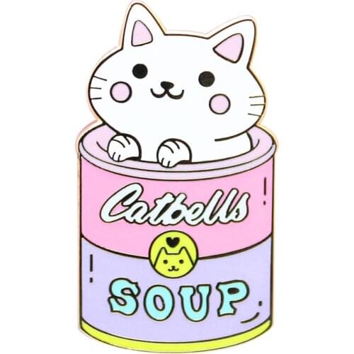 Catbells soup brooch foodie cat badge cute pastel cans pin painting jewelry artist gift