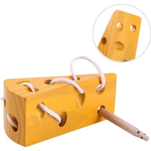 Wooden Cheese Montessori Toy Mouse And Cheese String Lacing Activity Toy Wood Block Threading Puzzles Toys For Dependable