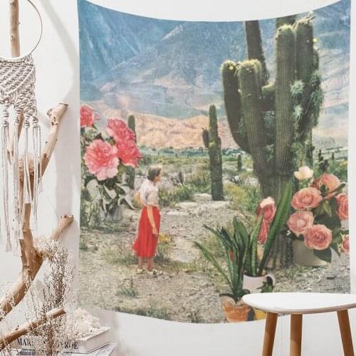 Hippie Cactus Tapestry Wall Hanging Fabric Boho Floral Decor Plants Wall Cloth Tapestries Wall Carpet Gobelin Tapestries