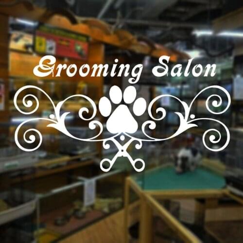 Grooming Salon Trail Paw Print Scissors Wall Sticker Vinyl Interior Design Window Decals Pet Shop Decoration Art Mural 2076