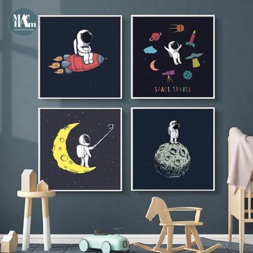 Cartoon rocket Astronauts Nursery Wall Picture Poster Print Boy bedroom Modern Canvas Painting Kids Children Wall Art Mural