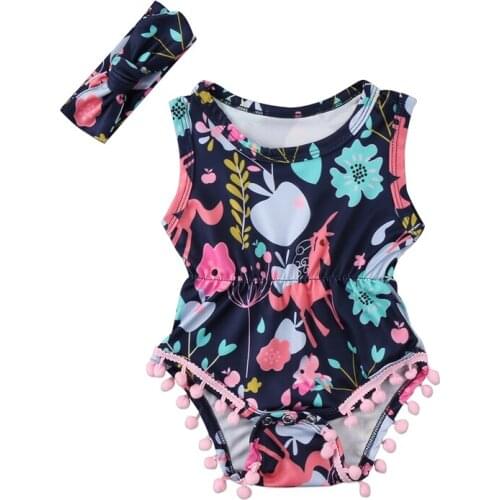 Newborn Baby Girl Cute Unicorn Summer Sleveless Tassel Floral Bodysuit Jumpsuit Outfits Clothes