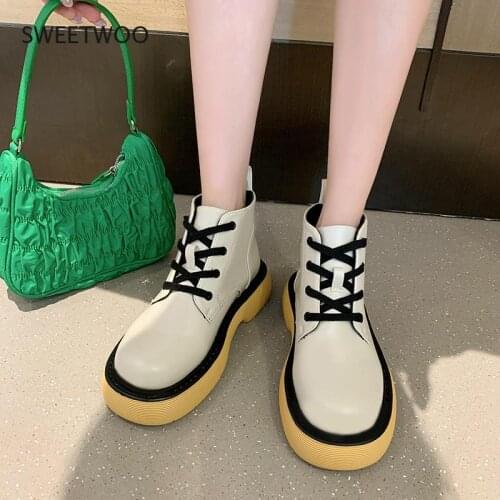 Leather Womens Boots Thick-soled Round Toe Rubber Sole Breathable Really Comfortable Lace-up Womens Shoes