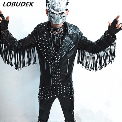 Men Black PU Leather Rivet Jacket Coat Nightclub Bar Punk Rock Costume Singer Dancer Tide Cool Stage Outfit Performance Clothing