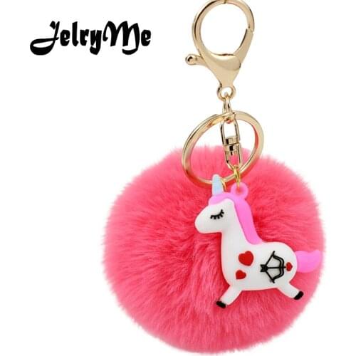 New 2019 Cute Silicone Unicorn Keychain Fluffy Fake Rabbit Fur Pompom Key Chain Anime Keyring Women Bag Charm Pendant Jewelry