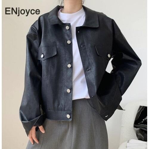 Autumn Vintage Punk Faux Leather Jacket Women Japan Style Harajuku Streetwear Loose Jackets Plus Size Loose Coat