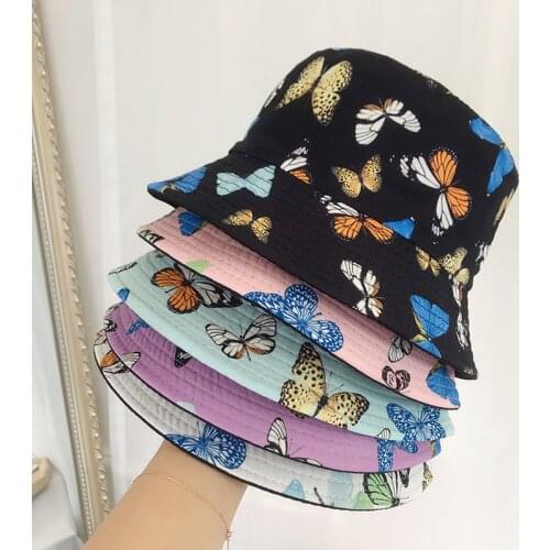 New Women Butterfly Double Sided Embroidery Autumn Winter Bucket Hat Foldable Sun Hat Cap Hip Hop Fishing Cap Outdoor Hat Gift