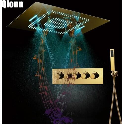 Embedded Ceiling Bathroom Shower Bluetooth Music Shower Heads Polished Gold Shower Systems Brass Shower Faucets Sets