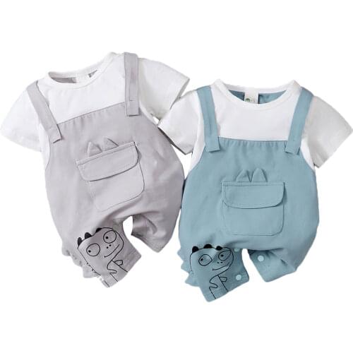 Toddler Baby Boy’s Casual Short Sleeve Jumpsuit Cute Dinosaur Printing Straps Stitching Short Romper Babys Clothing Set T-shirt