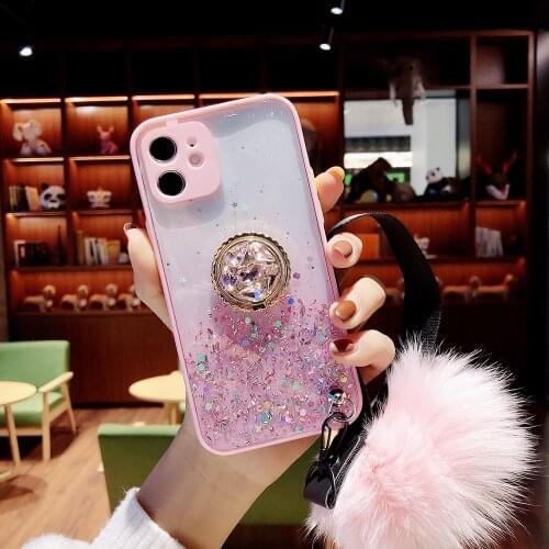 Gradient Glitter With Hairball Clear Phone Case For iPhone 12 Mini 11 12 Pro Max XS Max X XR 8 7 Plus Soft Ring Holder Bumper