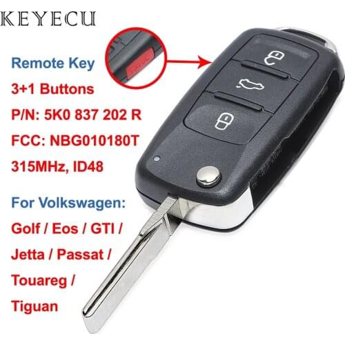 Keyecu Remote Key 3+1 Buttons 315MHz ID48 for Volkswagen VW Golf Eos GTI Jetta Passat Touareg Tiguan CC, 5K0837202R, NBG010180T