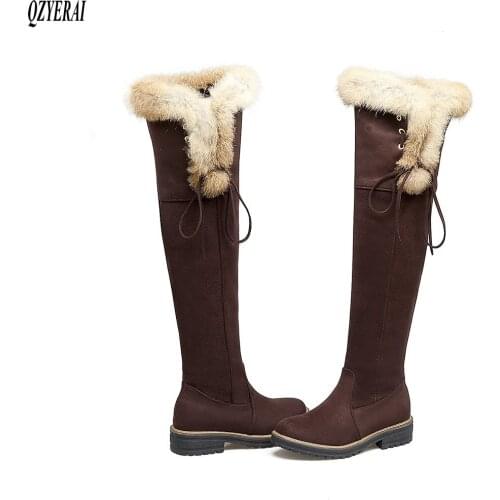QZYERAI New winter style warm Genuine leather Knee high boots snow boots Women boots non-slip True fur warm Women shoes