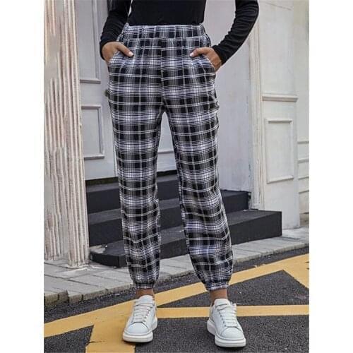 Newest Women Casual Plaid Pants Tartan High Waist Joggers Elastic Waist Color Block Ankle Length Sweatpants Sport Long Pants