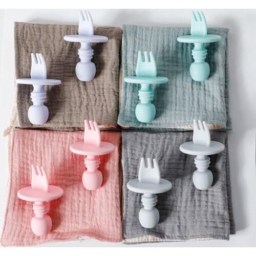 Silicone Spoon Baby Learn To Eat Training Spoon Short Handle Baby Food Supplement Silicone Soft Spoon Fork Spoon Tableware Set