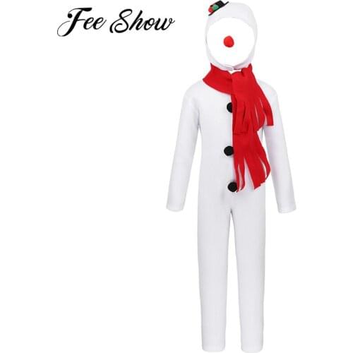 Unisex Kids Christmas Snowman Fancy Dress Costume White Long Sleeve Jumpsuit with Hat Red Nose Scarf Boys Girls Roleplay Outfits