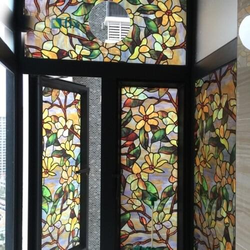 Stained glass doors and windows with decals, self-adhesive reflective privacy glass tones, and electrostatic thermal insulation