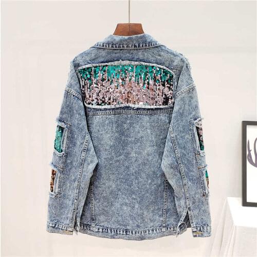 Wenfly Women Denim Jacket Embroidery Sequins Loose Korean Coat Long Sleeve Large Sizes Outerwear England Female Clothes