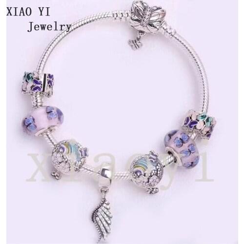 XIAOYI 2020 New 100% S925 Colorful butterflies rainbow flowers zircon wings glass clips DIY pretty popular bracelet female