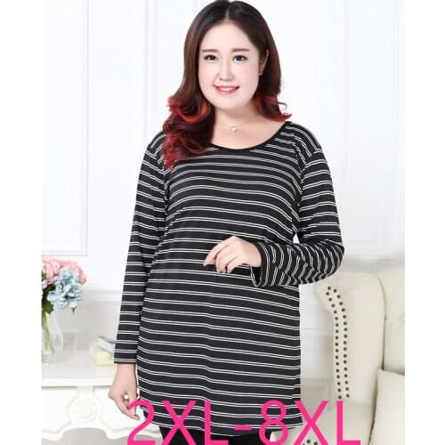 New spring autumn plus size tops for women large long sleeve loose stripe elastic O neck long T-shirt black 4XL 5XL 6XL 7XL 8XL