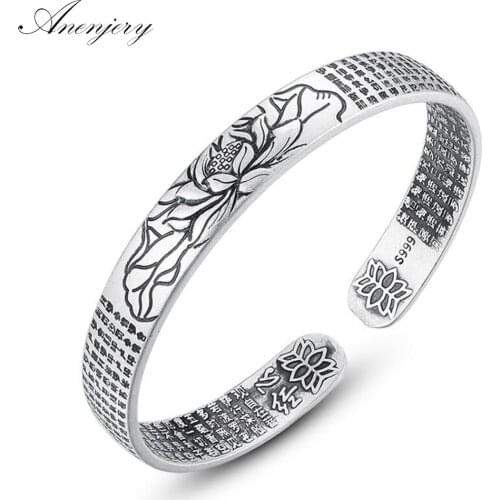 ANENJERY 925 Sterling Silver Buddha Lotus Baltic Buddhist Scriptures Cuff Bracelets & Bangles For Women S-B96